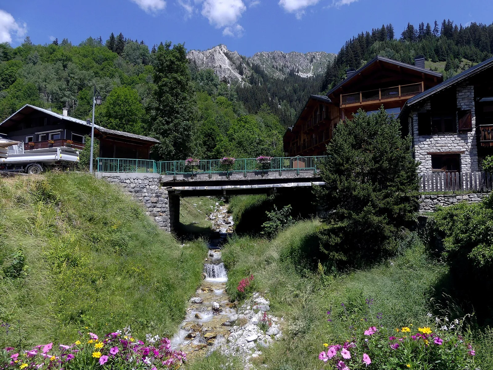 Torrent du Remous rushing through rocky banks near Champagny-en-Vanoise in summer
