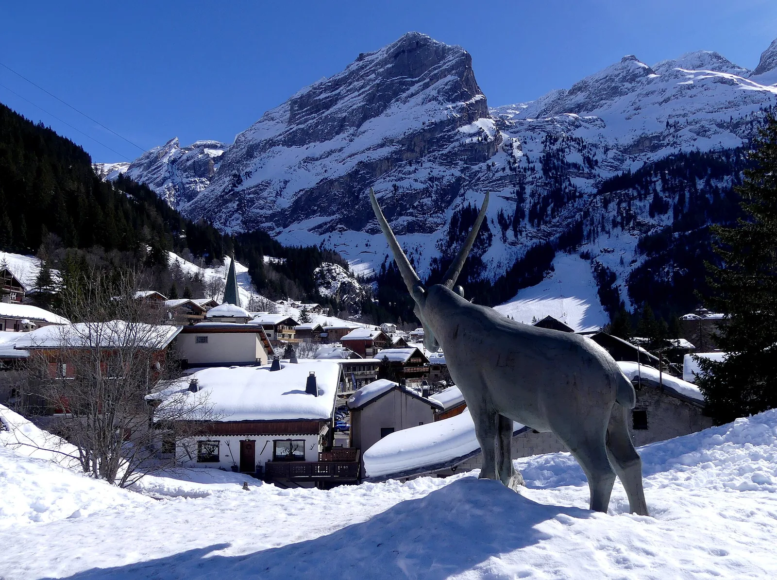 Snow-covered Pralognan-la-Vanoise village in the Vanoise massif in winter